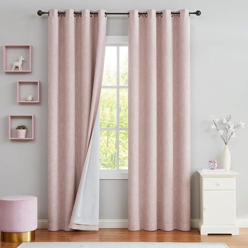 Pink Full Blackout Curtain Panel Noise Reducing Thermal Weave Window Treatment for Bedroom Rayon Blend Heavy Linen Texture Solid Drapes 8 Grommets Top for Living Room with Liner, Rose Pink, 50"x90"x2