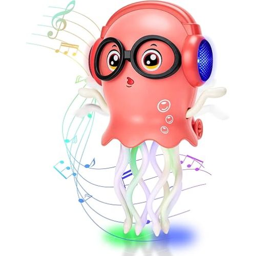 Dancing Octopus Baby Toy, Electric Crawling Octopus Tummy Time Toy, Magic Dancing Music Squid for 3 4 5 6 Year Old Kids Boy Girl Birthday Gifts, Funny Squid for Office Desk Decor (Pink)