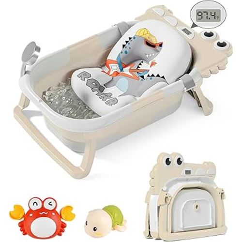 TPN Collapsible Baby Bathtub for Infants to Toddler with Real-time Temp Monitor+Floating Cushion,Foldable Baby Bath Tub Set Applicable 0-36 Month,Perfect Portable Travel Baby Tub for Newborns Boy