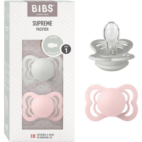 BIBS Supreme Baby Pacifier 2-Pack | Made in Denmark | BPA Free Dummy Soother, Symmetrical Nipple. Silicone, Size 1 (0-6 Months), Haze/Blossom
