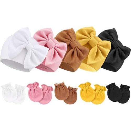 BQUBO Newborn Baby Girls Hats Mittens Set Hospital Hat Beanie Infant Bow Hats Baby Cotton Gloves for 0-6 Months