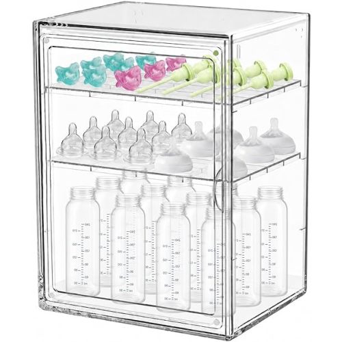 Baby Bottle Organizer,Adjustable Height Bottle Storage Organizer Baby for Bottles, Pacifiers, Pump Parts, Clear Organizer for Countertop, Cabinet,Vanity, Bathroom,Large