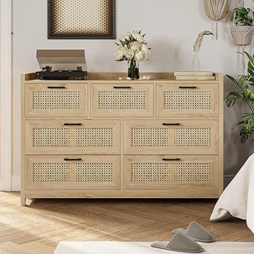 VIAGDO 7 Drawer Dresser for Bedroom, Rattan Chest of Drawers with LED Lights, Wood Storage Dresser Chest with Metal Handle, Modern Storage Cabinets for Closet,Bedroom,Living Room,Hallway