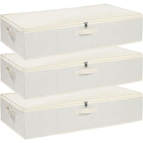 Under the Bed Storage Bins, Closet Organizers with Reinforced Handles for Blanket, Sheets, Pillows, Towels, Shoes, Beige, 3 Pack, 23.6 x 11.8 x 5.9 Inch