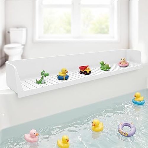 2.6-Ft Bathtub Splash Guard, Silicone Bathtub Water Guard with Toy Tray Shelf, Suction Cups Attach to Tub, No-Mess Bath Play Area & Storage, Fun for Toddlers & Kids (White)