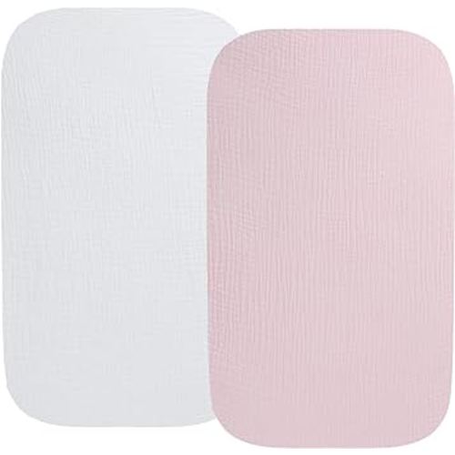 Muslin Bassinet Sheet Compatible with Baby Delight Beside Me Dreamer Bassinet, 2 Pack Cotton Stylish Boho Fitted Bassinet Sheets Super Soft for Baby White & Pink