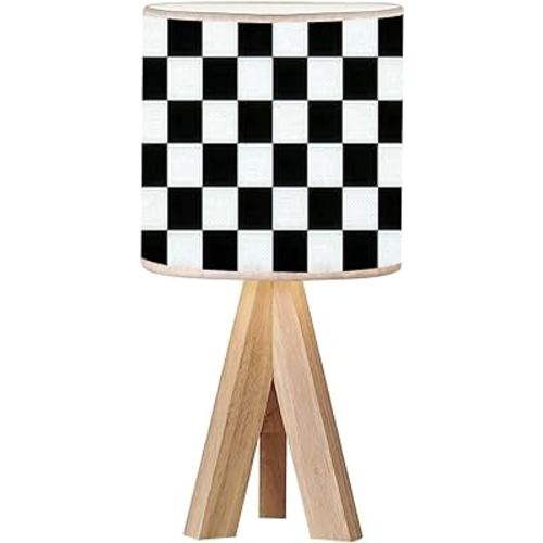 Tripod Bedside Desk Table Lamp Black White Checkered Seamless Endless Racing Flag Texture Wood Nightstand Lamp with Linen Fabric Shade for Nursery Bedroom Living Room Kids Room