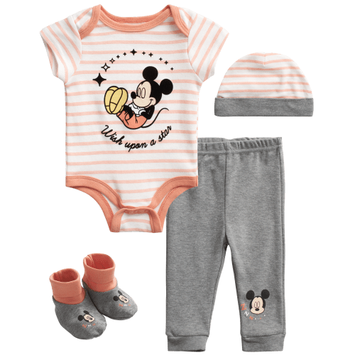Disney Baby Boys’ 4 Piece Mickey Mouse Layette Set: Hat, Booties, Pants, and Bodysuit (0-9M)