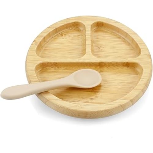 PandaEar Bamboo Suction Plate, Wooden Baby Plates with Silicone Spoons for Toddlers & Kids, Divided Non-Slip Wooden Plate Feeding Supplies