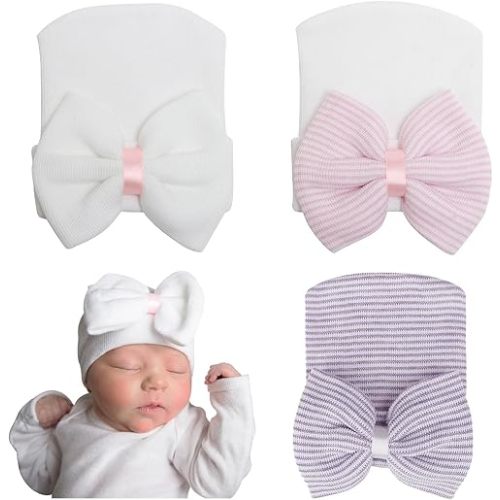 Newborn Baby Girl Hats with Bow No Scratch Cotton Toddler Infant Beanie Caps Soft Newborn Hospital Hat 0-3 Months
