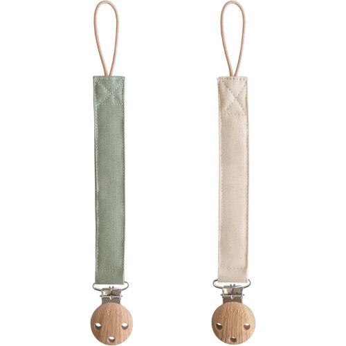 mushie Linen Baby Pacifier Clip Holder | Soft Fabric Strap, 2-Pack (Olive/Shifting Sand)