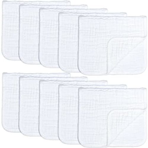 Muslin Burp Cloths 10 Pack Large 100% Cotton Hand Washcloths 6 Layers Extra Absorbent and Soft by Comfy Cubs (White, Pack of 10) - 10-Pack 20"X10"
