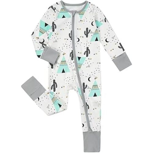 Teach Leanbh Unisex Baby Footless Pajamas with Mittens and Feet Cuffs Cotton 2 Way Zipper Long Sleeve Romper Sleep and Play