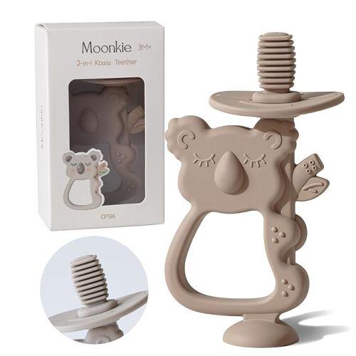 Moonkie Teething Toy, Safe & Easy to Hold BPA Free Silicone Teethers, 360° Baby Toothbrush with Suction Base, Teether Toys Best for Babies 6-12 Months (Koala Warm Taupe)
