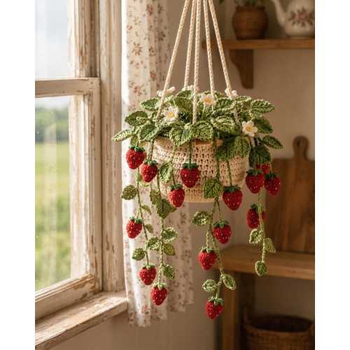 Crochet Strawberry Hanging Basket, Handmade Berry Plant Decor, Cottagecore Hanging Plant, Kitchen Decor, Gift for Mom