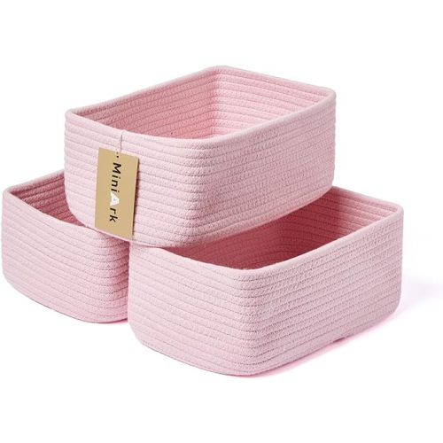 Small Storage Baskets for Organizing | Closet Organizer Bins | Shelf Toy Basket | Woven Rope Baskets | Cube Decorative Box | Shallow Basket | 11.5x7.5x4.7” | 3 Packs Pink