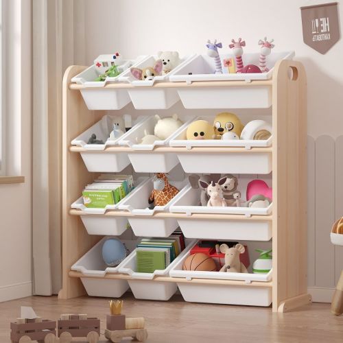 VECELO Kids Bookshelf Toy Storage with 12 Bins, Wooden Toy Rack for Toddlers, Large-Capacity Playroom Storage for Books or Toys