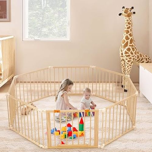 Wooden Baby Playpen Extra Large, 74”×74” Foldable Play Fence for Babies and Toddlers,Safety Play Yard with Locking Gate, Changeable & Expandable Kids Activity Center (8 Panel)