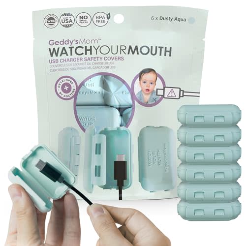 Geddy's Mom - Watch Your Mouth - The Award Winning USB Charger Child Safety Cover - Made in The USA - Baby Proofing Toddler Shock Prevention - 6 Pack (Dusty Aqua)