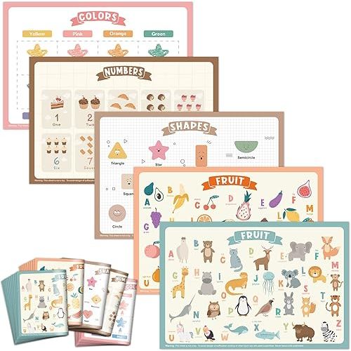 Disposable Placemats for Baby & Toddler, 50 Pack Sticky Kids Placemat for Restaurant, Travel, Party, 12" נ18 Picnic Table Mats, 5 Funny Designs for Kids