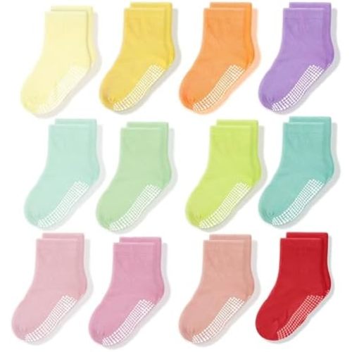 CozyWay Baby & Toddler Socks With Grippers Non Slip Crew Grip Socks for Girls and Boys Soft Comfy Cotton - 12 Pack