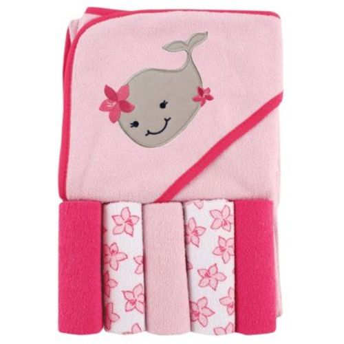 Luvable Friends Baby Girl Hooded Towel With Five Washcloths, Girly Whale, One Size