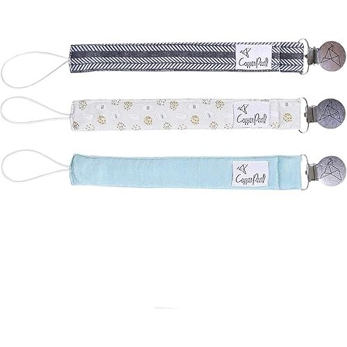 Copper Pearl Pacifier Clip 3-Pack: Premium Knit Binky Clips for Baby Girls and Boys - Stylish Stainless Steel Pacifier Holder Clip - Baby Pacifier Clips for No More Floor Drops - Chip