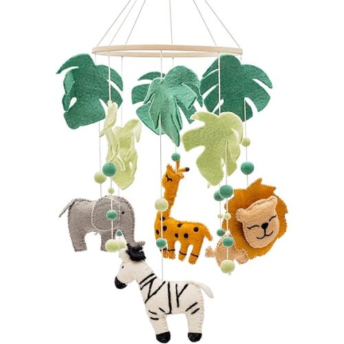 GLACIART ONE Baby Nursery Safari Mobile for Crib | Gender Neutral Mobile for Jungle Theme Nursery Decor | Felt Hanging Leaves & Animals Room Decorations Handmade from Natural Wool | Great Gift Idea