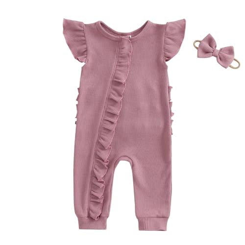 MERSARIPHY Newborn Baby Girl Summer Clothes Zip Up Ruffle Waffle Knit One Piece Romper Jumpsuit Coming Home Hospital Outfit