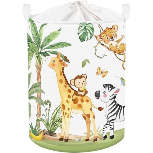 Clastyle Tropical Jungle Animals Baby Laundry Hamper Palm Tree Kid Storage Basket Boys Girls Gift Toy Box Collapsible Clothes Organizer Nursery Bin for Bedroom,Giraffe Zebra,36 * 45 cm