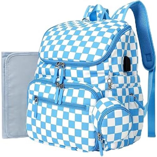 Checkered Diaper Bag Backpack with Changing Pad & Stroller Clips, Large Travel Baby Diaper Bag for Newborn Moms, Baby Shower Gifts (Sky Blue)