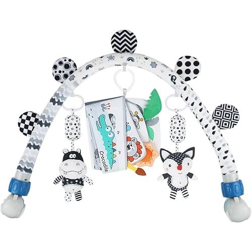 Caterbee Baby Activity Travel Mobile Arch Bassinet Toy, Black and White High-Contrast Bouncer Toy bar, Crib Toys with Hanging Animals, Stroller Attachment(Farm)
