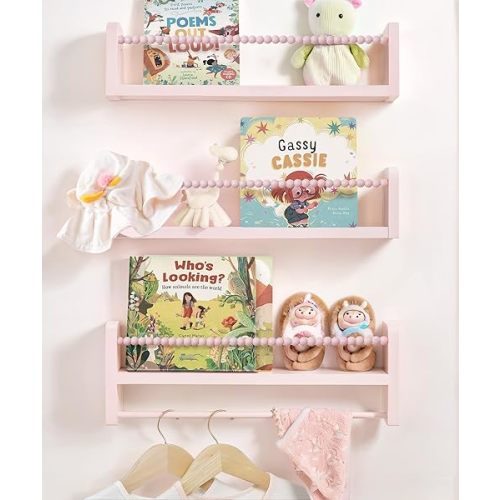 Nursery Book Shelves for Wall Set of 3, Pink Natural Wood Bookshelf Wall Decor, Small Floating Shelf Organizer for Kids Room, Bedroom, Kitchen Spice Rack