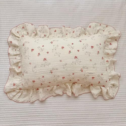 BuLuTu Cute Flower Rabbit Toddler Pillowcase for Girls Boys Soft Breathable Muslin Cotton Kids Pillow Covers, Animal Themed Small Pillow Case for Crib/Toddler Bed, 14"x20", Envelope Closure
