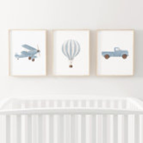 Blue Transportation Nursery Decor Biplane Train Wall Art Sets | Zazzle
