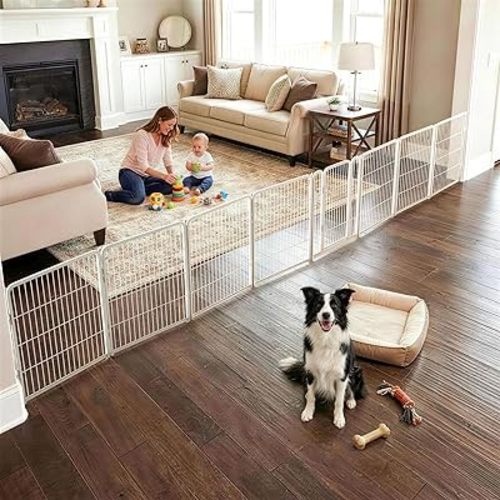 FXW Dog Gate Extra Wide Designed for Indoor Use, Adjustable Width Up to 219-inch Wide (32" H 8 Wire Panels for Small and Medium Dogs), White