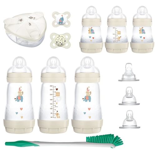 MAM Baby’s First Gift Set, 0+ Months, 5oz and 9oz Anti-Colic Bottles with Self-Sterilization, SkinSoft Silicone Nipples and Pacifiers, Dishwasher Safe Formula Dispenser and Bottle Brush, Unisex - 12 Piece Gift Set