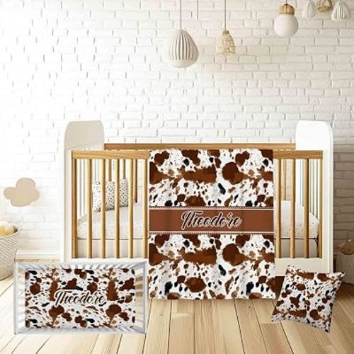 Personalized Baby Crib Bedding Set for Boys Girls, Custom Name Cow Print Nursery Bedding, 3 Pcs with Flannel Blanket, Fitted Crib Sheet & Pillow Cover for Newborn Infant Toddler