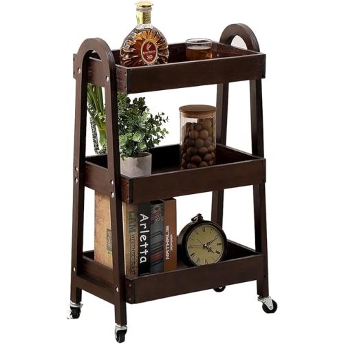 3-Tier Wooden Rolling Cart- Wooden Utility Cart wit Wheels- Utility Rolling Cart-Storage Trolley Organizer- Rolling Kitchen Cart Serving Cart for Office,Kitchen, Kids' Room (Walnut Color)