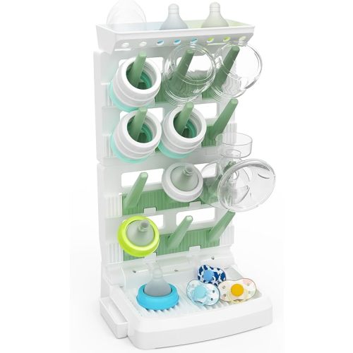 Baby Bottle Drying Rack for 12 Bottles, Space Saving Countertop Vertical Standing Bottle Dryer Rack for Baby Accessories & Pump Parts (Large White&Green)