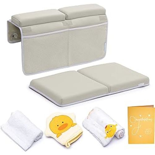 Bath Kneeler with Elbow Rest Pad Set, 1.75 inch Thick Kneeling Pad and Elbow Support for Knee Arm Support, Large Bathtub Kneeling Mat with Toy Organizer for Happy Baby Bathing Time, Beige