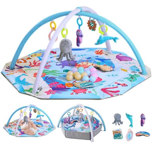 Baby Gym Play Mat,9-in-1 Tummy Time Mat with Ball Pit & Detachable Toys,Washable Foldable Baby Activity Mat for Infants and Toddlers from 0-6-9-12 Months