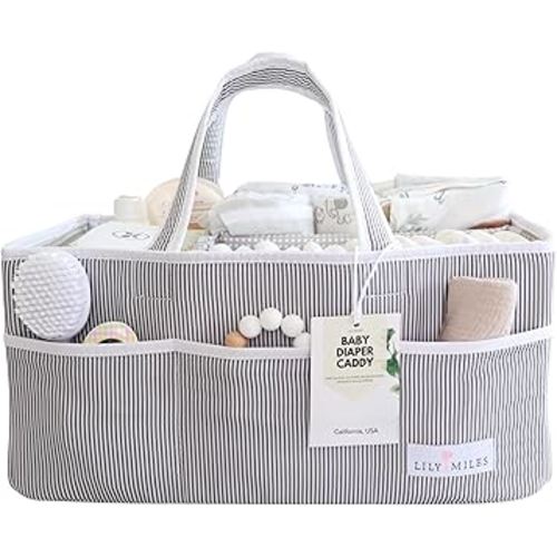 Lily Miles Baby Diaper Caddy Organizer - Baby Shower Basket for Newborn Boys or Girls - Nursery Must Haves for New Mom - Baby Registry Favorites - Large Storage Tote for Changing Table or Car, Gray