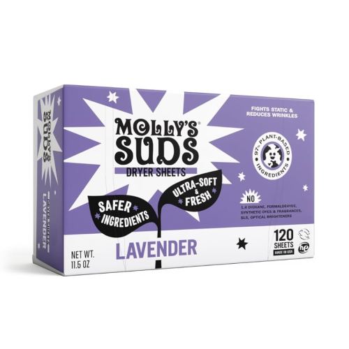 Molly's Suds Fabric Softener Dryer Sheets for Sensitive Skin | Plant-Based Static Reducer, Plastic-Free Packaging | Lavender (120 Sheets)