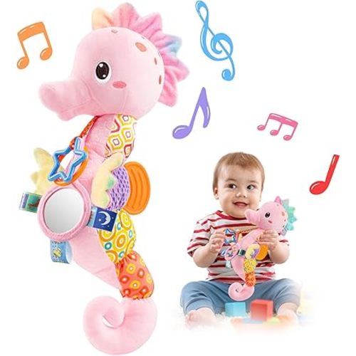LIGHTDESIRE Baby Toys Musical Seahorse Stuffed Animals Infant Toys 0-6-12 Months with Mirror|Rattles|Crinkle|Baby Teething Toys,Sensory Toys for Tummy Time Newborn Boys Girls Birthday Gifts(Rose Pink)