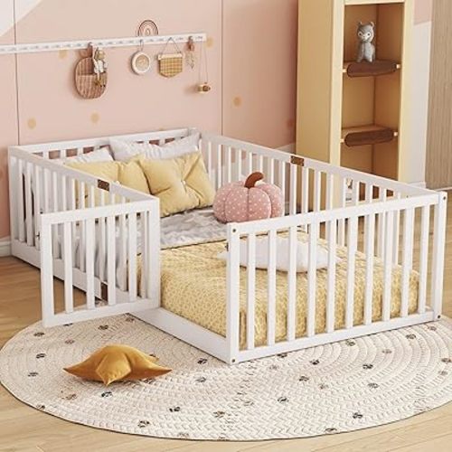 Bellemave Twin Size Floor Bed with Slats and Door, Twin Size Montessori Floor Bed with Rails, Easy Assemble Montessori Beds Frame for Bedroom, White