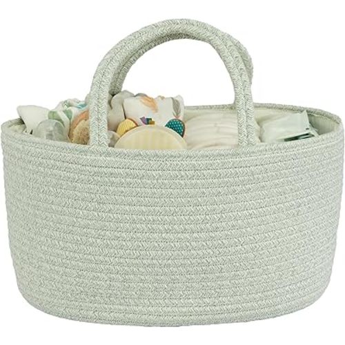 Diaper Caddy Organizer Cotton Rope Baby Basket Nursery Storage and Portable Tote Bag for Car Ideal Baby Shower Gifts and Registry Must-Have for Newborn Essentials Large light green