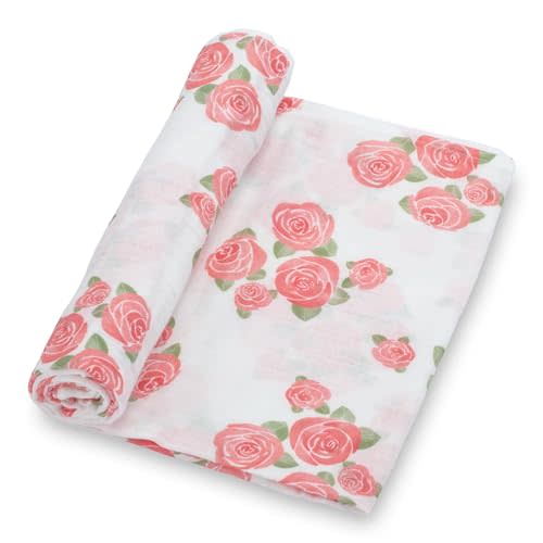LollyBanks Muslin Swaddle Blankets for Girls, Large 47 x 47 Inches Soft Swaddles for Newborns, Breathable and Lightweight 100% Cotton Baby Blanket, Baby Essentials, Registry (Rose Print)