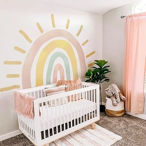 Large Fabric Watercolor Boho Half Sun Wall Decals Peel and Stick, Rainbow Wall Murals Stickers, Pastel Sunrise Wall Art Decor for Kids Room Playroom Nursery Bedroom, 94.49" x 62.60"