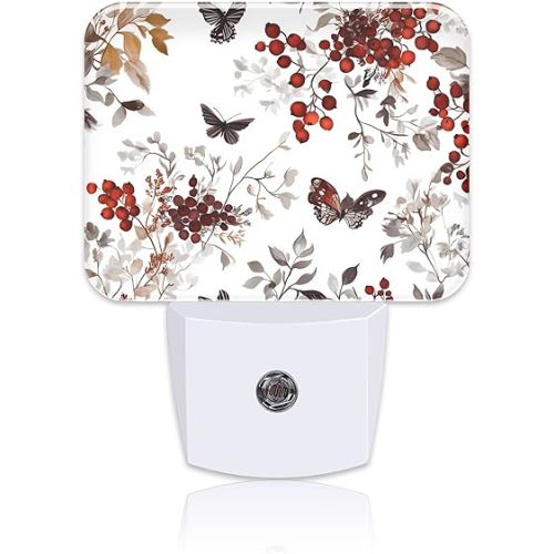 Vintage Wildflower Plants Night Light Plug into Wall, Butterfly Night Light with Dusk to Dawn Sensor for Kid Girls Boys Women Men Room, Hallway, Kitchen, Bathroom, Stairs Decor